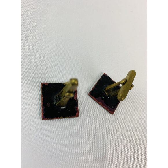 Vintage Men's Enameled Goldtone and Black Square Cufflinks Artsy Retro Toggle - Picture 5 of 12